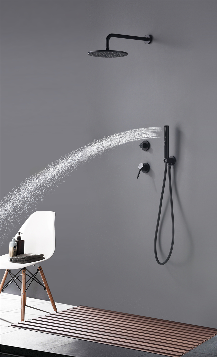 Ensemble de douche de bain dissimulé mural noir mat élégant pour salle de bain à tête ronde 