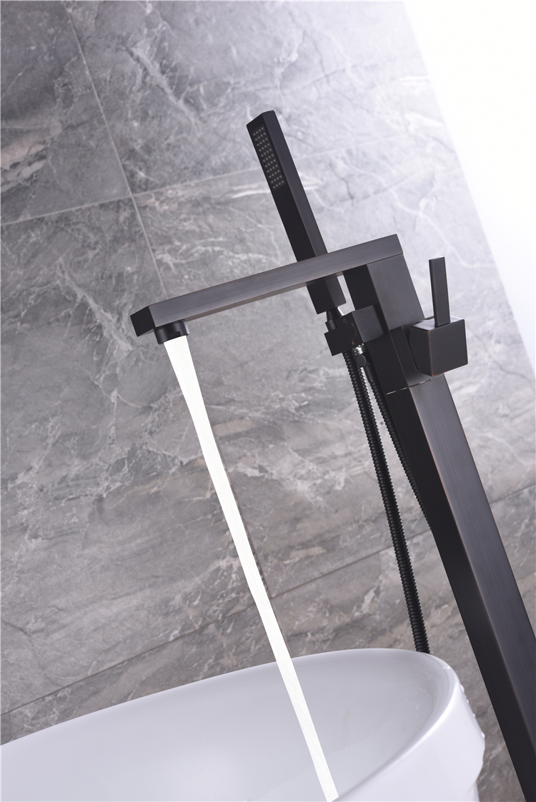 Robinet de baignoire autoportant pour baignoire, robinet de salle de bain en laiton à montage au sol noir avec douchette