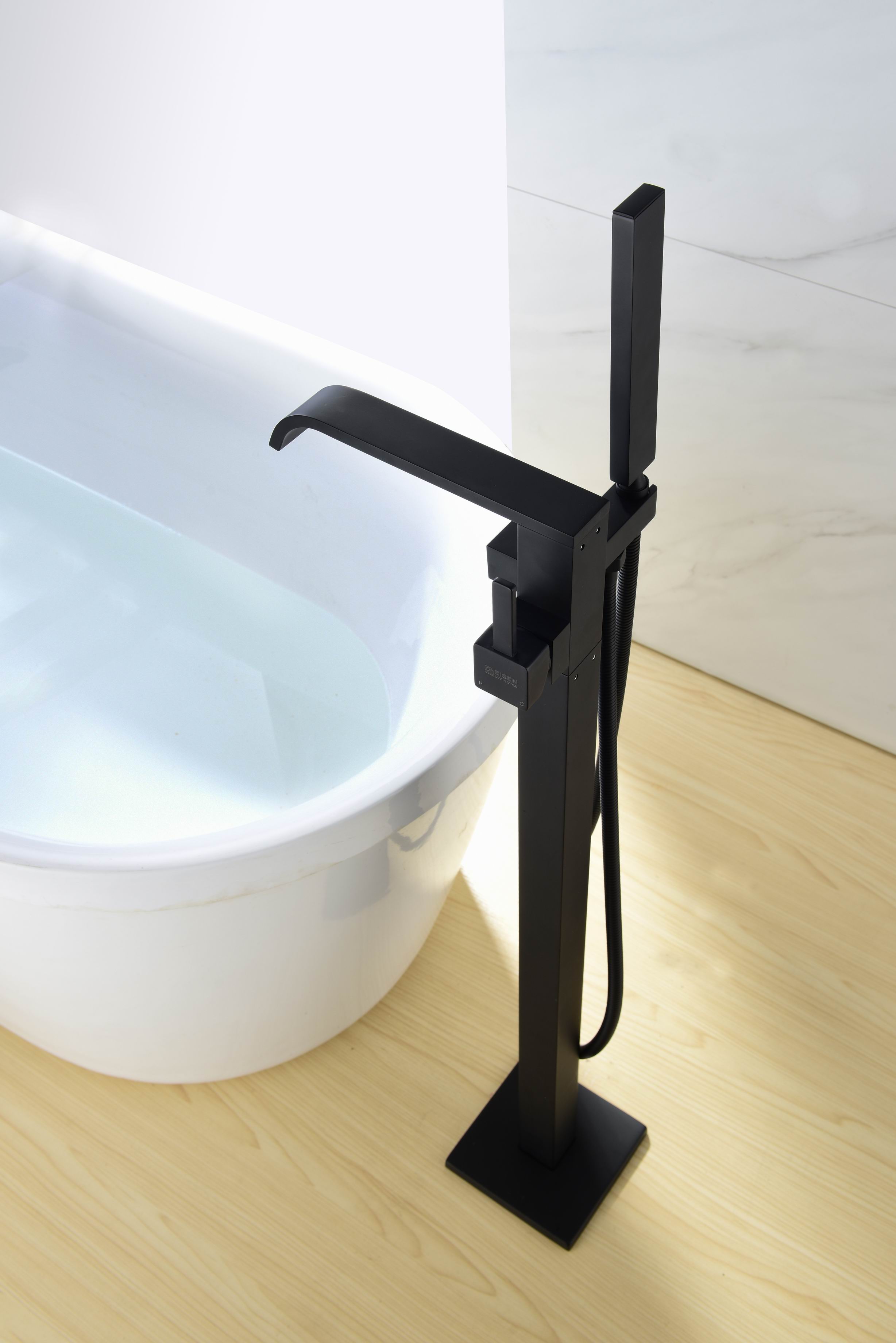 Mitigeur de bain autoportant noir mat et douche à main, robinet de baignoire autoportant cascade en laiton noir