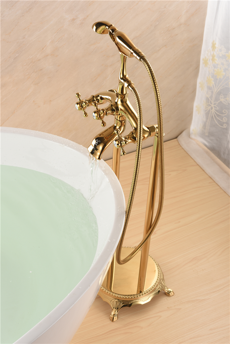 Remplisseur de baignoire à montage au sol de style téléphone avec poignées en croix comprenant un robinet en laiton pour douchette personnelle